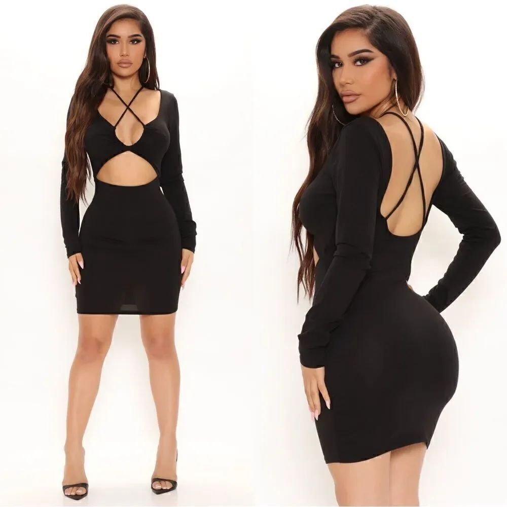 NWT Fashion Nova Night Plans Mini Black Dress Bodycon Size S